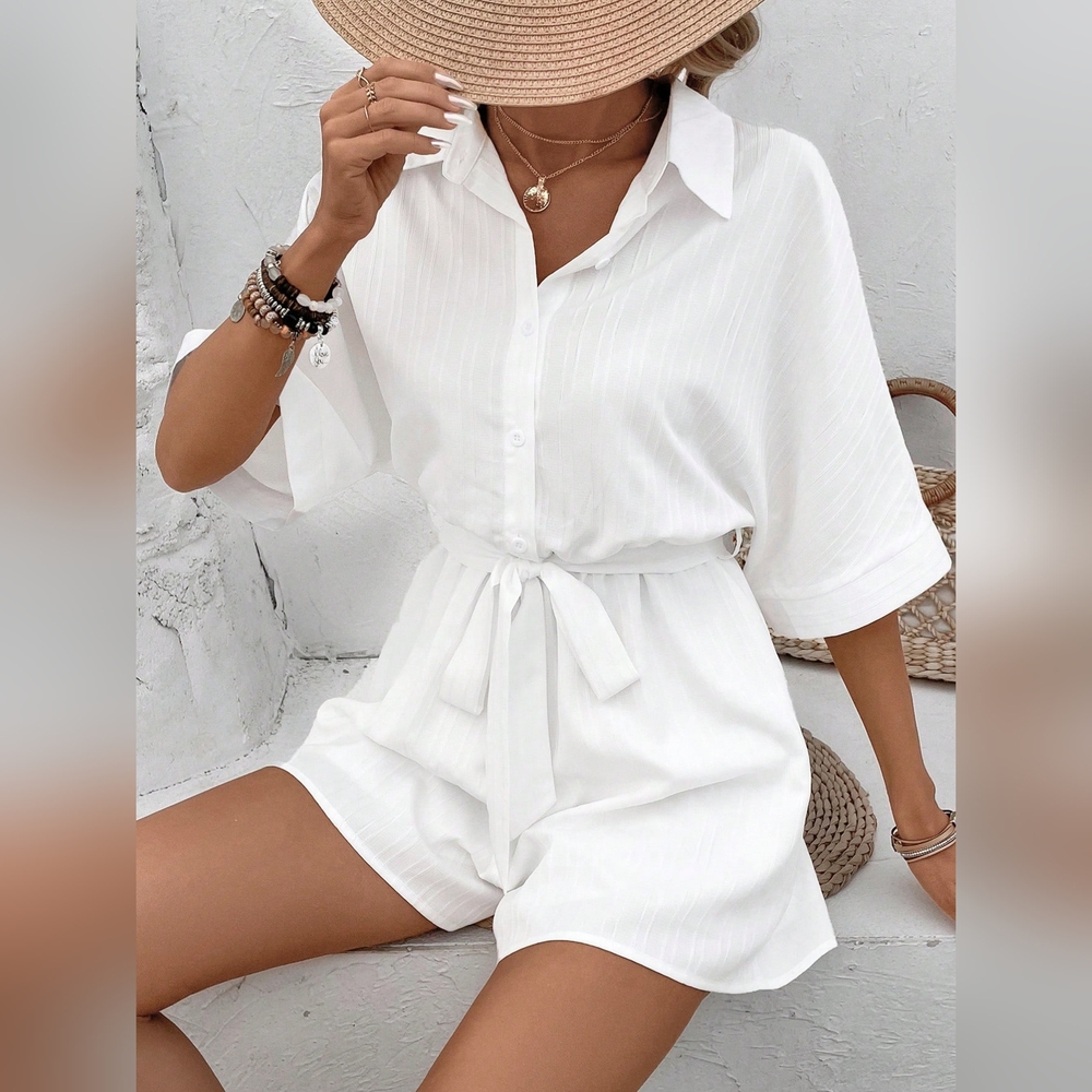 COPY - Summer Women's White Solid Color Shirt Jumpsuit - Picture 4 of 5